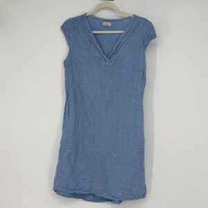 Lina Tomei Blue Italian Linen Embroidered Sequin V Neck Cap Sleeve Dress Size S